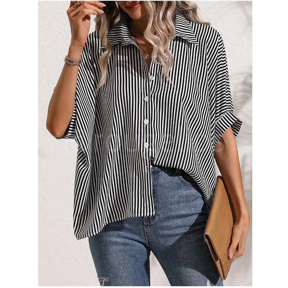 Striped Black White Button Up Front Shirt Oversized Batwing Half Sleeve V-Neck - Picture 4 of 9